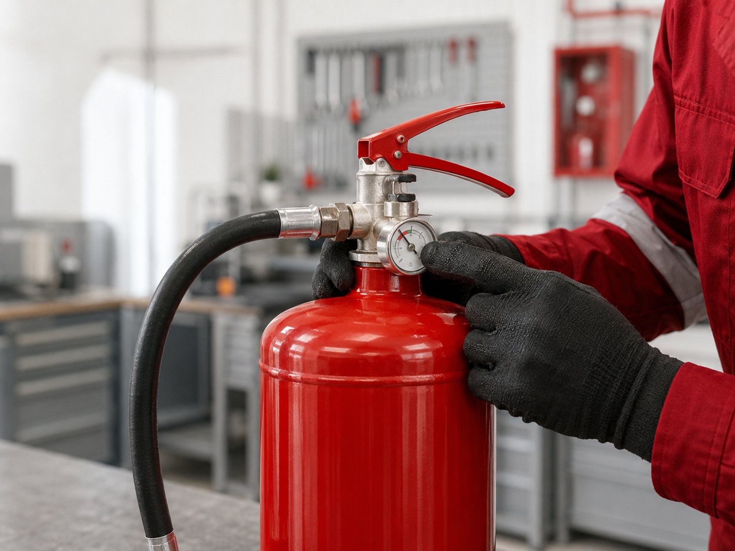 Técnico recargando un extintor PQS en taller